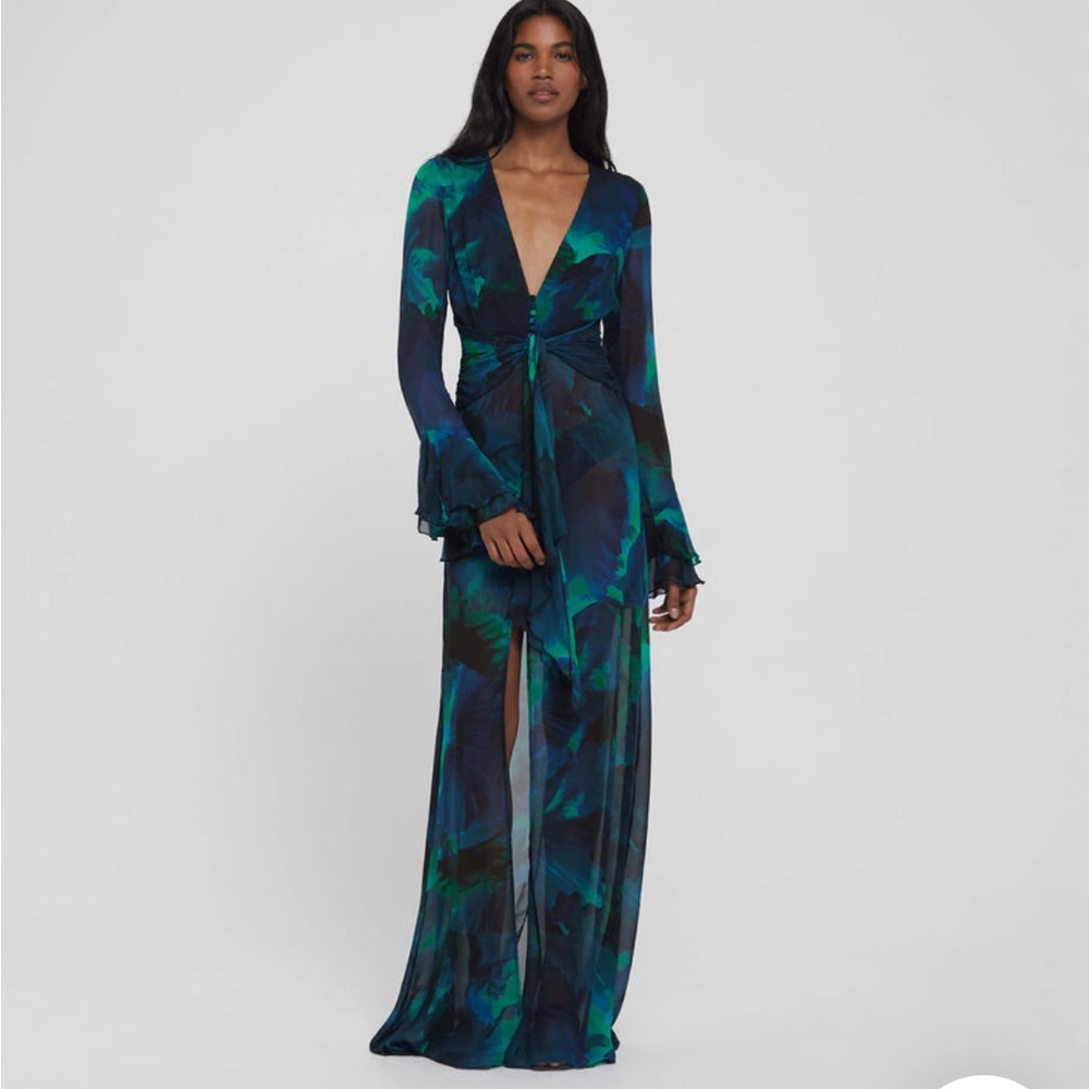 Rat & Boa- Elegant Blue Floral Dress with Ruffle Sleeves
